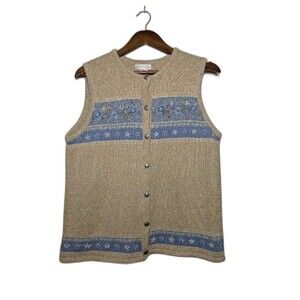 Blue Floral Beige Knit Sweater Vest Size Medium Vtg Cottagecore Light Academia